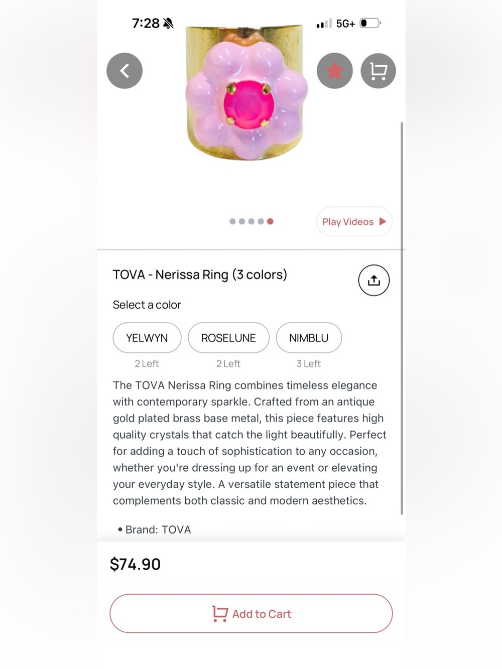 Tova Nerissa Pink Riselune Ring - Picture 6 of 6